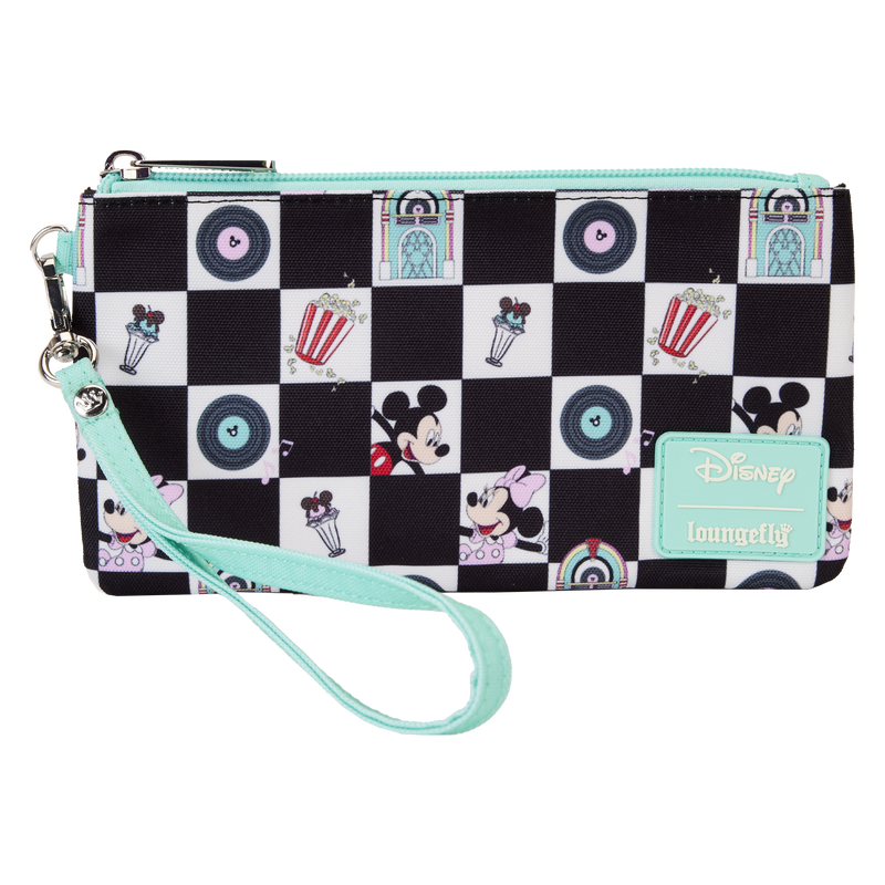 Loungefly Mickey & Minnie Date Night Diner Checkered All-Over Print Nylon Zipper Pouch Wristlet SALE