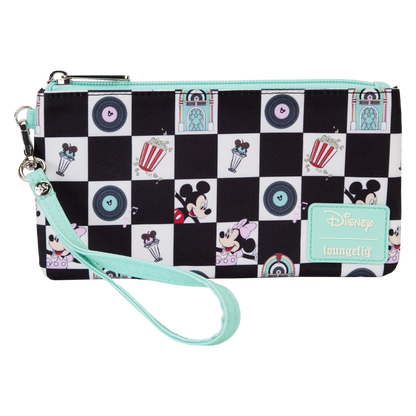 Loungefly Mickey & Minnie Date Night Diner Checkered All-Over Print Nylon Zipper Pouch Wristlet SALE