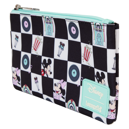Loungefly Mickey & Minnie Date Night Diner Checkered All-Over Print Nylon Zipper Pouch Wristlet SALE