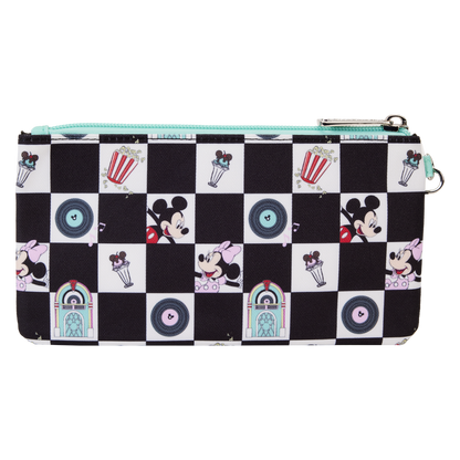 Loungefly Mickey & Minnie Date Night Diner Checkered All-Over Print Nylon Zipper Pouch Wristlet SALE