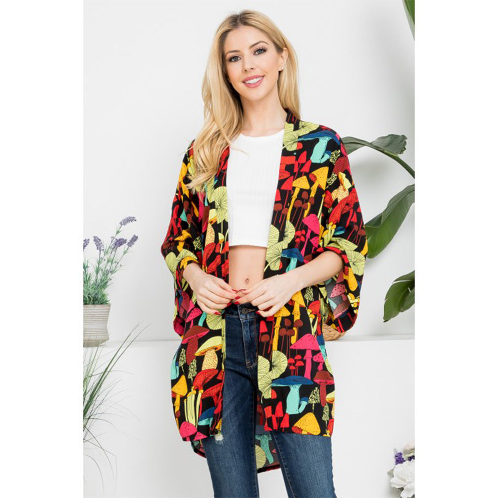 Mushroom Print Kimono - Black