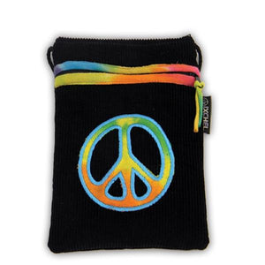 Ixchel Passport Purse in Black Corduroy with Tie Dyed Embroidered Peace Sign