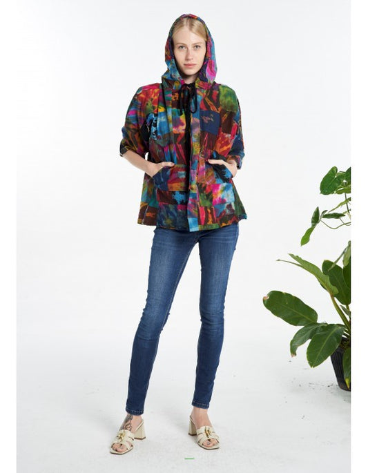 Tie Dyed Patchwork 3/4 Sleeve Button Up Hoodie Jacket SALE