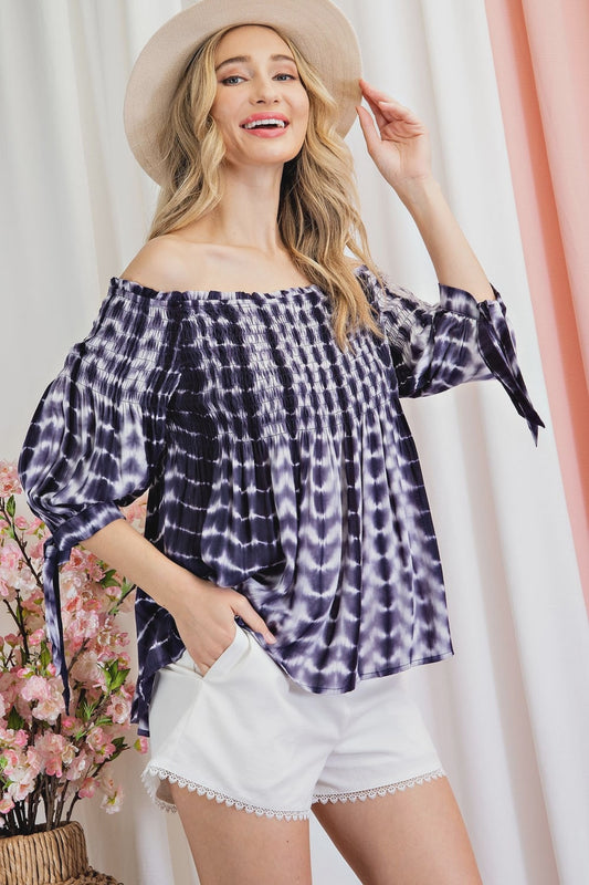 Smocked Off the Shoulder Tie Dye Top in Navy SALE