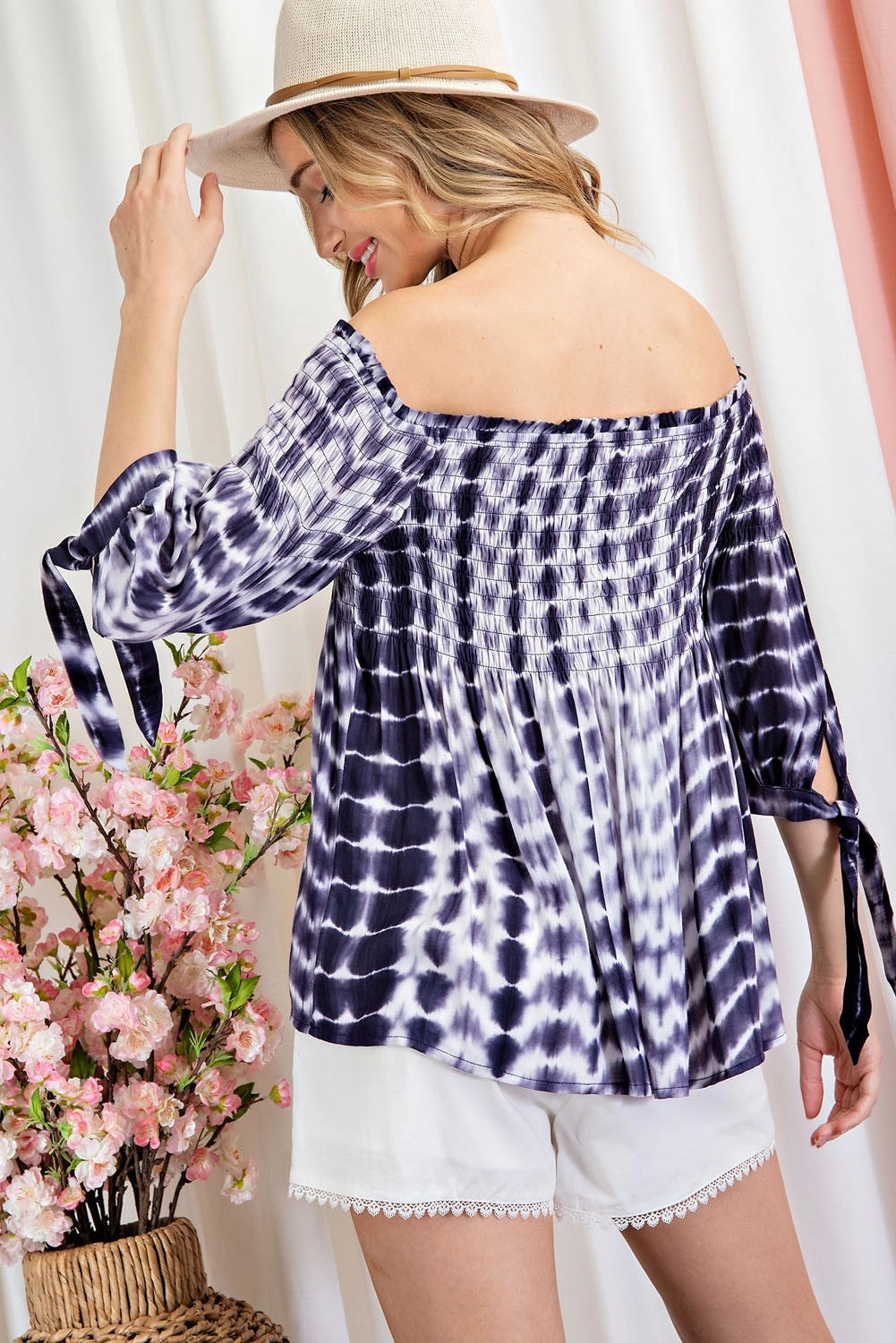 Smocked Off the Shoulder Tie Dye Top in Navy SALE