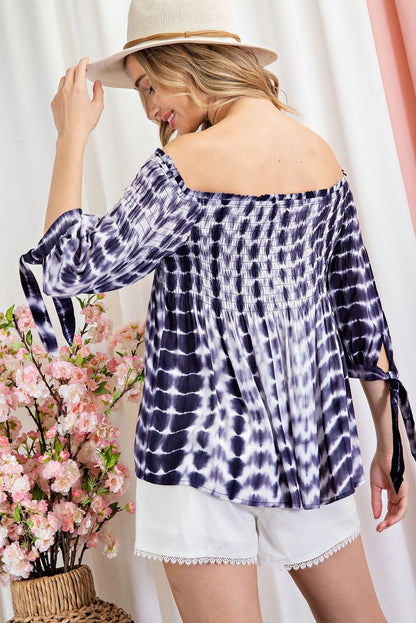 Smocked Off the Shoulder Tie Dye Top in Navy SALE