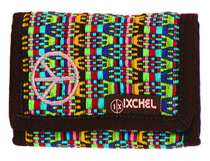 Three Fold Brocaded Wallet with Peace Sign Embroidery
