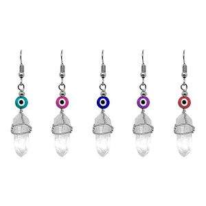 Wire Wrapped Quartz With Evil Eye Earring