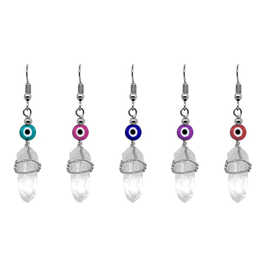 Wire Wrapped Quartz With Evil Eye Earring SALE