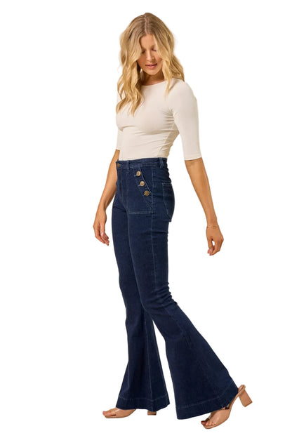 High Waisted Sailor Flare Jeans in Dark Wash