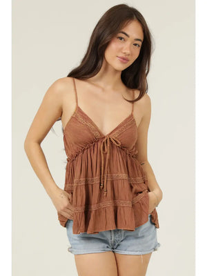 Acid-Wash Lace Trimmed Cami in Rust