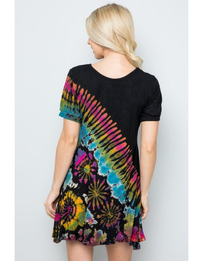 Black Rainbow Short Sleeve Tie Dye Tunic Dress