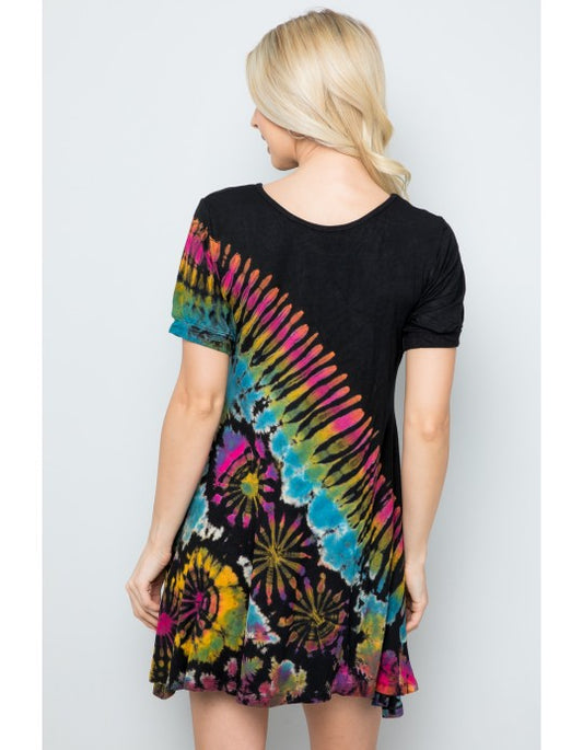 Black Rainbow Short Sleeve Tie Dye Tunic Dress