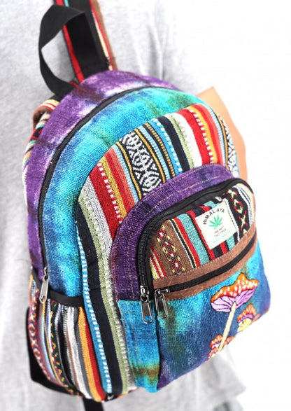 Embroidered Frog and Mushroom Himalayan Hemp Fabric Tie Dye Mini Backpack