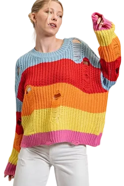 Distressed Rainbow Stripe Crochet Sweater