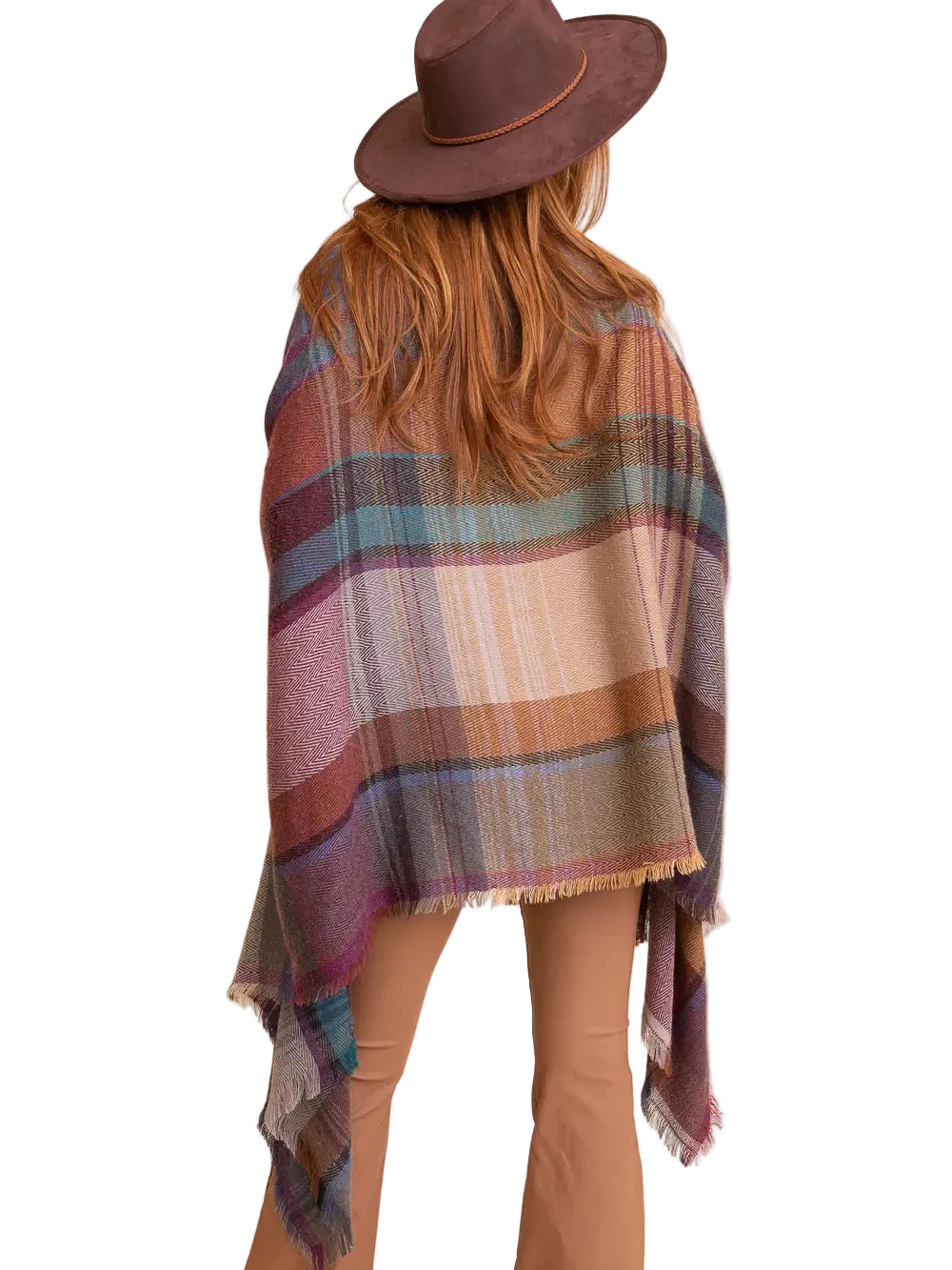 Plaid Fringe Shawl Wrap with Pockets in Camel
