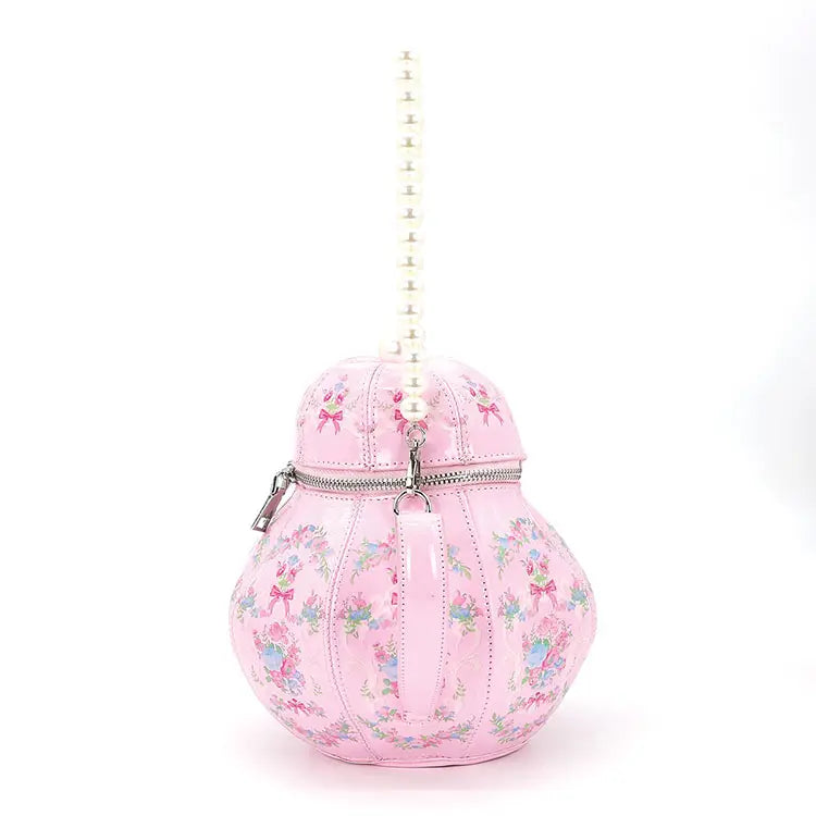 Vintage Pink Floral Teapot Handbag with Pearl Bead Strap