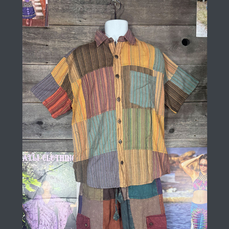 Jasper Nepali Striped Patchwork Over Dyed Button Up in Rust