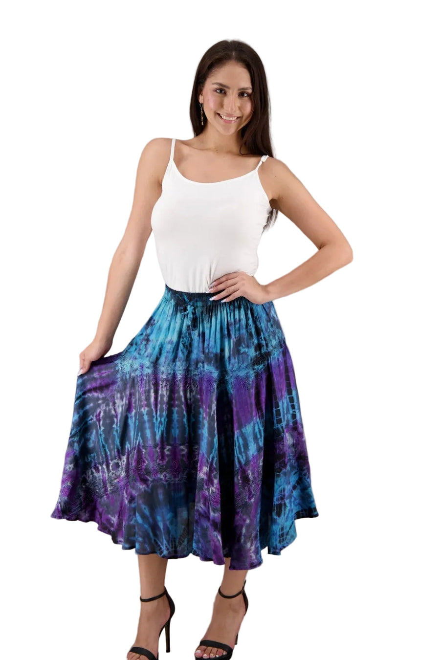 Boho Blue & Purple Tie Dyed Tieried Midi Skirt