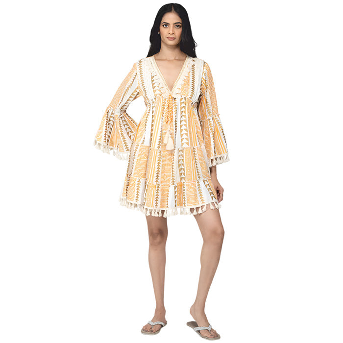 Bell Sleeve Short Dress with Fringe Trim in Orange