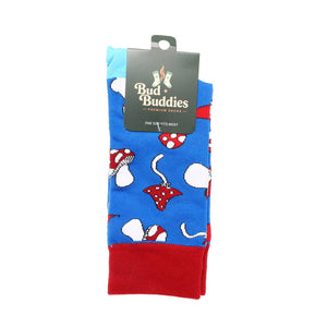 Bud Buddies Novelty Socks - Light Blue & Red Mushroom