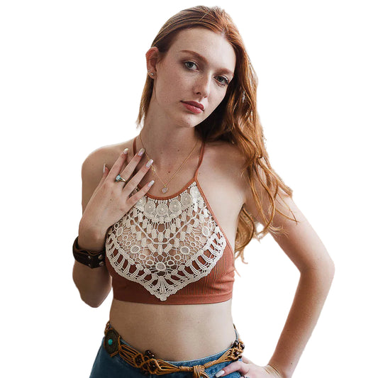 Crochet Lace Halter Bralette in Rust