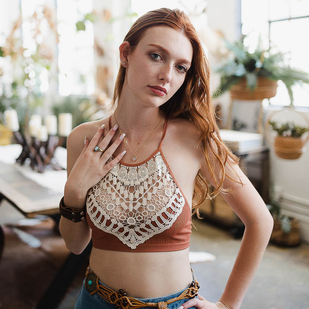 Crochet Lace Halter Bralette in Rust
