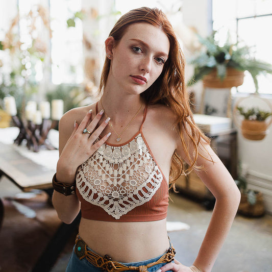 Crochet Lace Halter Bralette in Rust