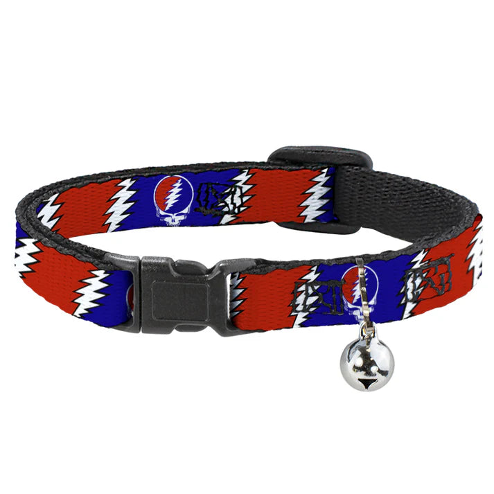 Grateful Dead Steal Your Face Lightning Bolt in Red White and Blue Breakaway Cat Collar with Bell