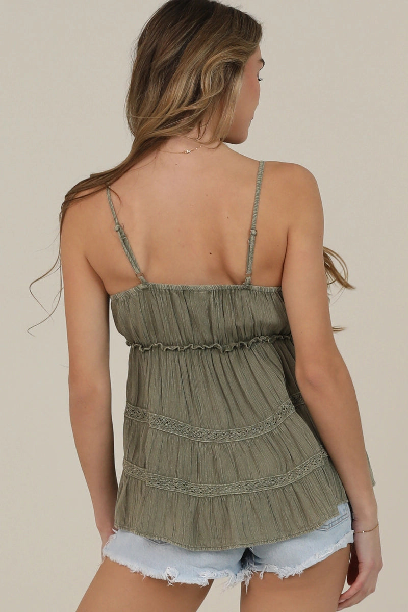 Acid-Wash Lace Trimmed Cami in Seafoam