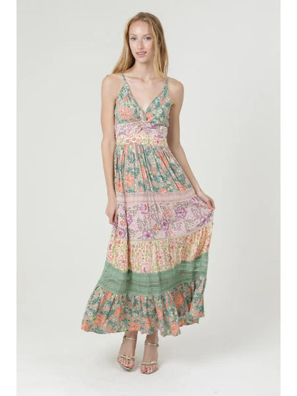 Mixed Print Lace Trim Twist-Front Maxi Dress