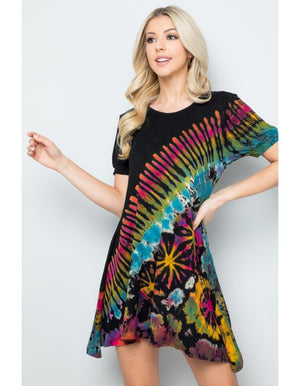 Black Rainbow Short Sleeve Tie Dye Tunic Dress