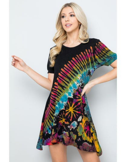 Black Rainbow Short Sleeve Tie Dye Tunic Dress