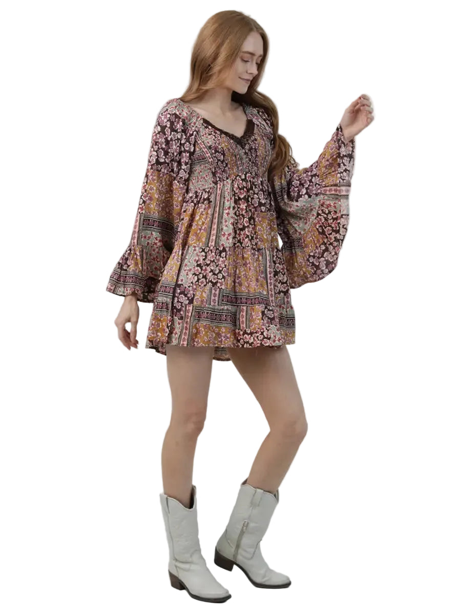 Patchwork Floral Lace-Trim Mini Dress in Brown