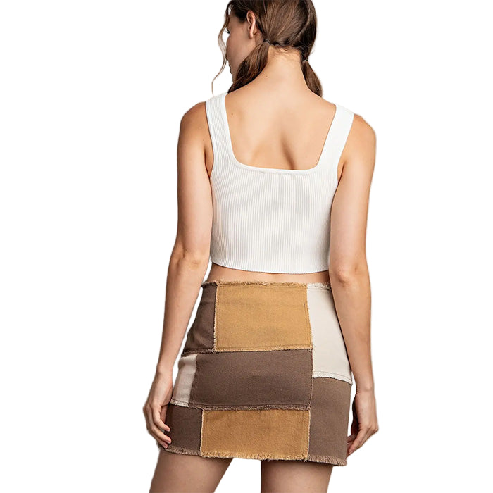 Mineral Washed Color Block Mini Skirt in Brown