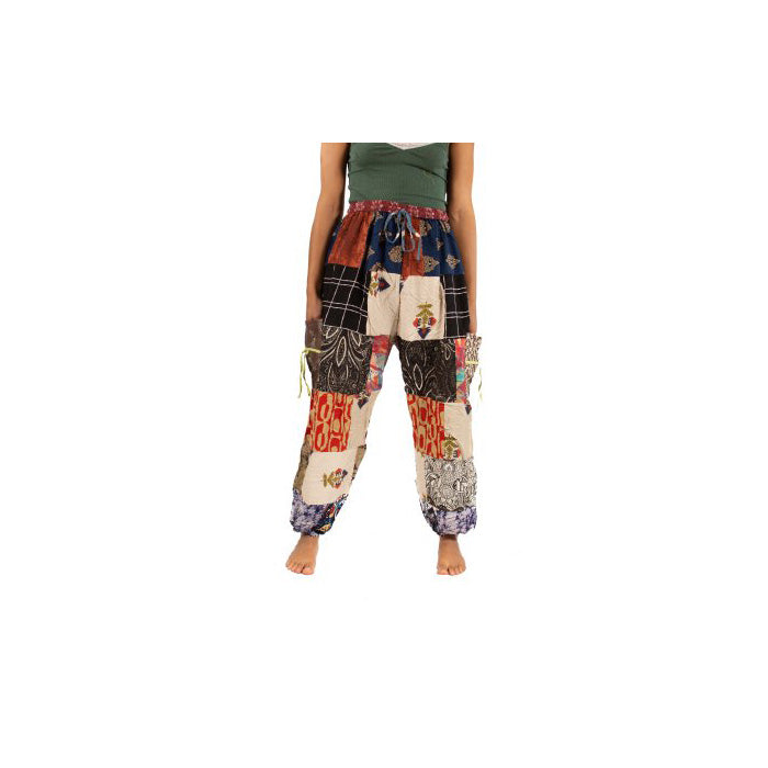 Cotton Patchwork Pants with Drawstring Waist