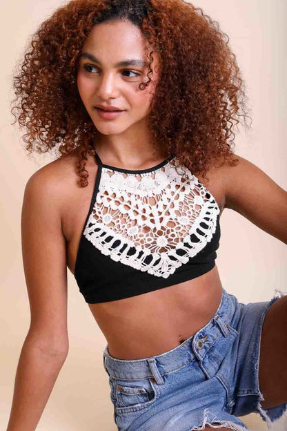 High Neck Crochet Bralette in Black