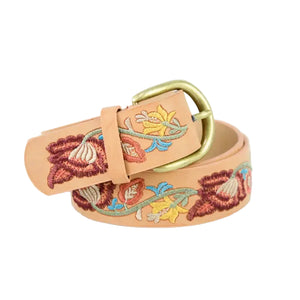 Flower Embroidered Belt in Camel