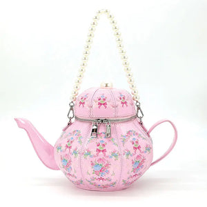 Vintage Pink Floral Teapot Handbag with Pearl Bead Strap