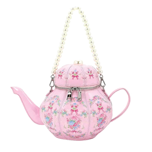 Vintage Pink Floral Teapot Handbag with Pearl Bead Strap