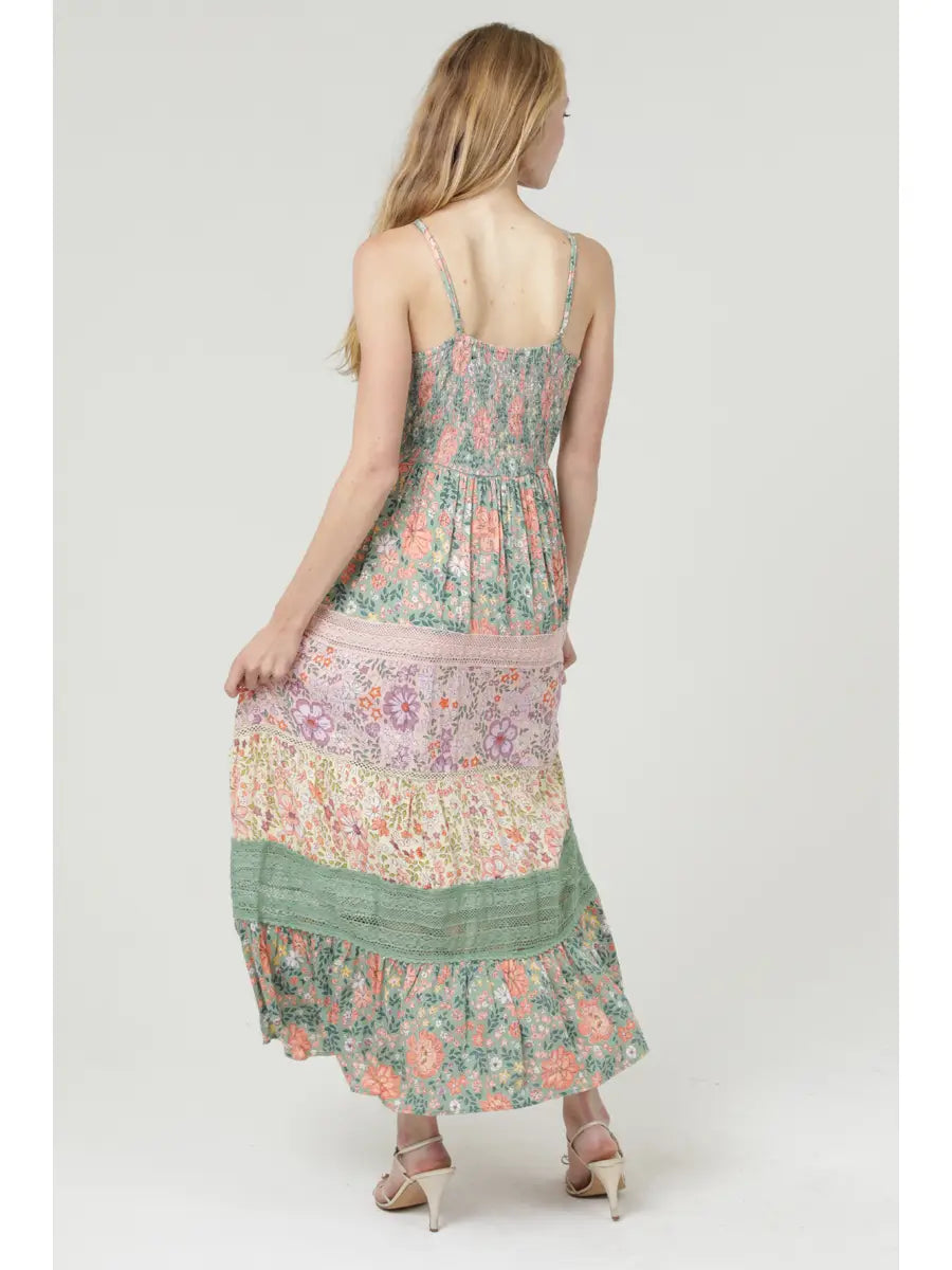 Mixed Print Lace Trim Twist-Front Maxi Dress