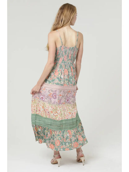 Mixed Print Lace Trim Twist-Front Maxi Dress