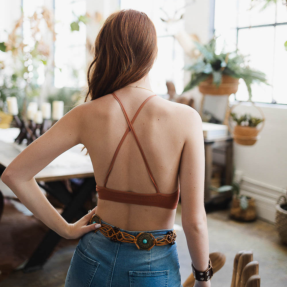 Crochet Lace Halter Bralette in Rust