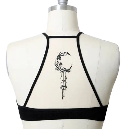 Celestial Moon Embroidered Mesh Black Bralette