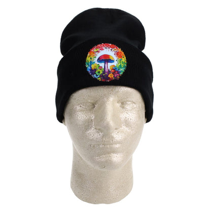 Colorful Mushroom and Flowers on Black Beanie