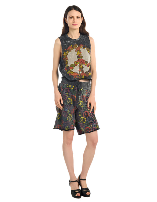 Mushroom Peace Sign Stone Wash Sleeveless Cotton Top