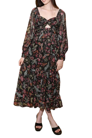 Floral Print Sheer Overlay Cutout Maxi Dress