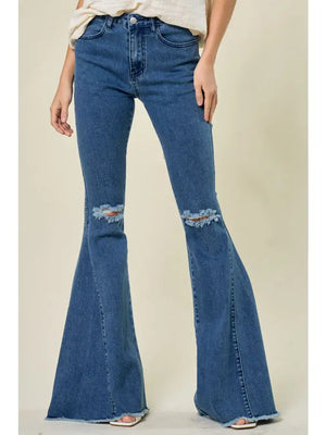 Distressed Knee Extreme Flare Jeans in Medium Wash