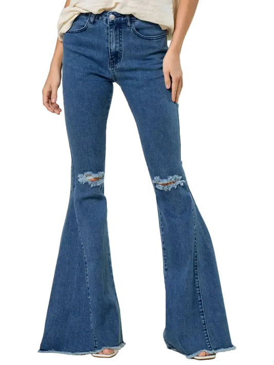 Distressed Knee Extreme Flare Jeans in Medium Wash