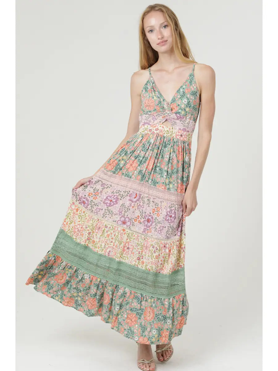 Mixed Print Lace Trim Twist-Front Maxi Dress